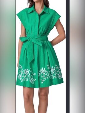 Tuckernuck Garden Green Embroidered Cotton Linen Mini Callie Dress XS